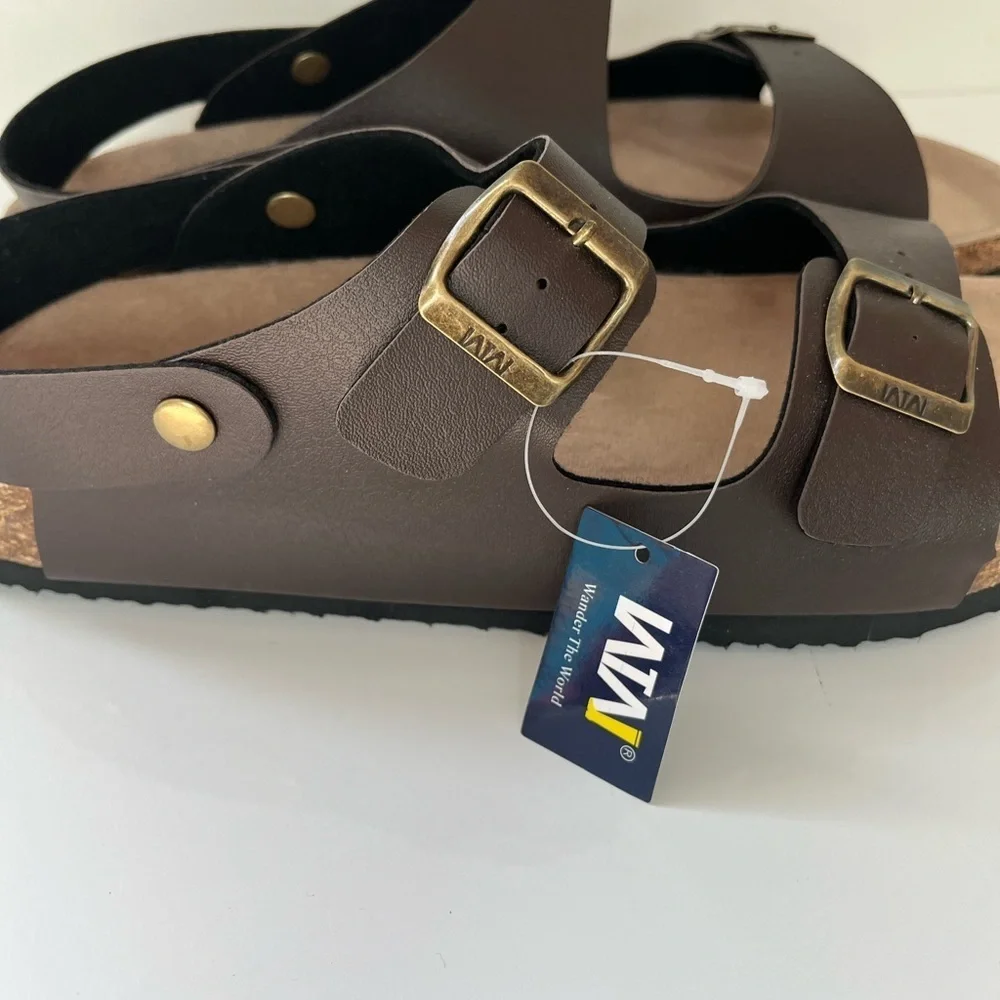 NEW Men's Size 12 Brown Leather Cork Footbed Sandals Slip on with Buckle Straps
